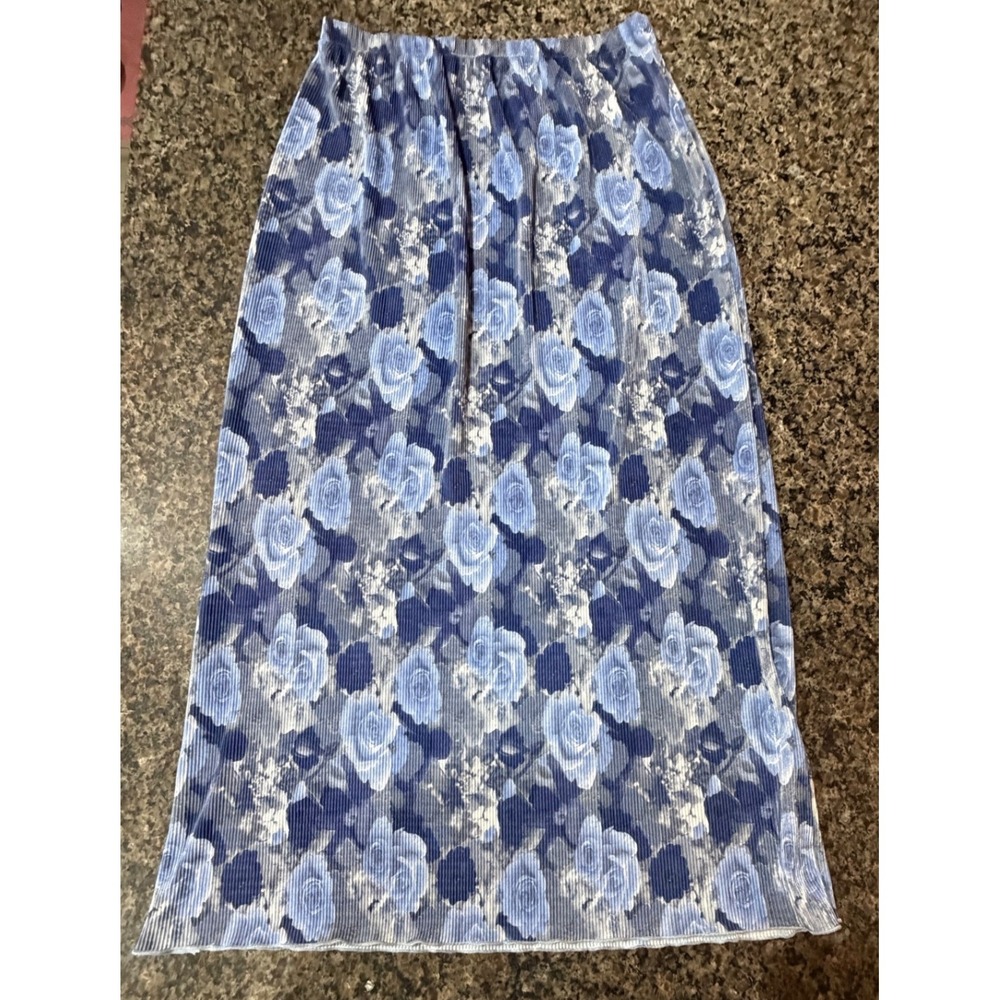 Blair Boutique Blue Floral Rose Micro Pleated Maxi Skirt Womens Medium Vintage
